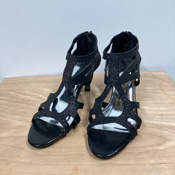 Easy Street Alive At 5 Flattery, Sz 8.5, Dress Dance Sandals Black Glitter Heels - Picture 2 of 9
